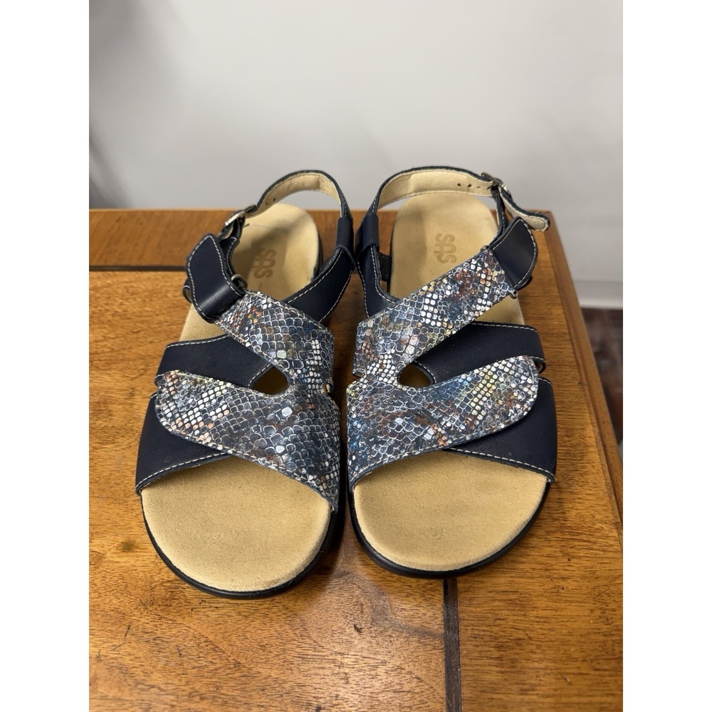 SAS Shoes Women's 8 M Huggy Navy Snake Print Leather Multi Wide Strap Sandals